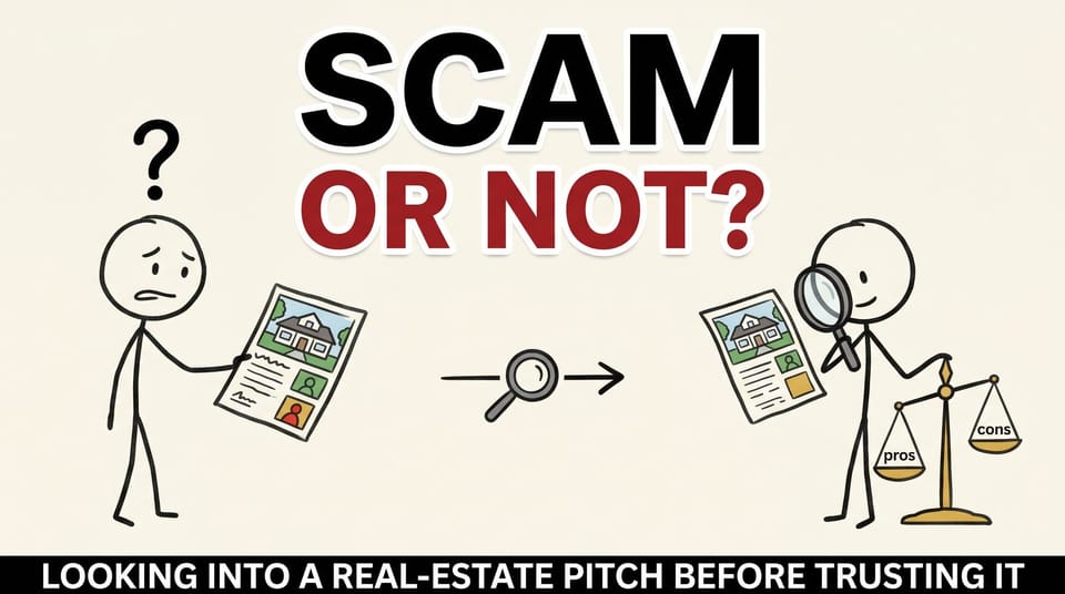 Stick-figure comic: a person unsure about a real-estate flyer on the left, calmly investigating it on the right.