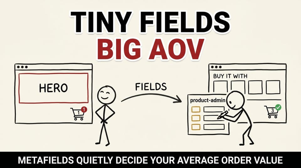 Stick-figure founder proud of a HERO banner with a 1-item cart, then filling product metafields and getting a 3-item cart