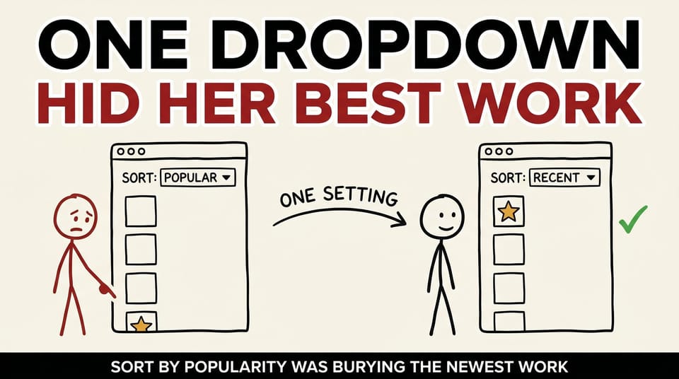 Stick-figure comic: a product page sorted by popularity buries the new item at the bottom; sorting by recent lifts it to the top.
