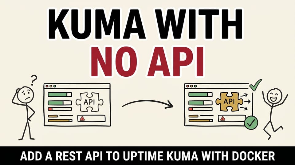 Stick-figure comic: an Uptime Kuma dashboard missing its API piece on the left, the API slotted in and serving data on the right.