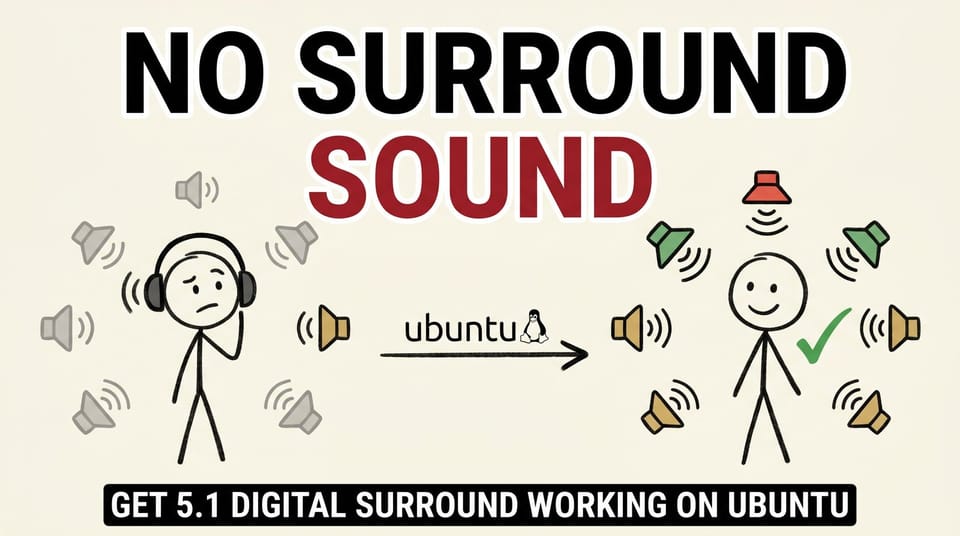 Stick-figure comic: only one speaker working on the left, full 5.1 surround sound enabled on Ubuntu on the right.