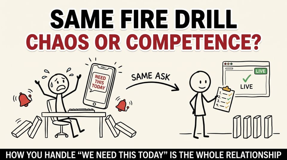 Stick-figure comic contrasting a chaotic fire drill with a calm, competent one